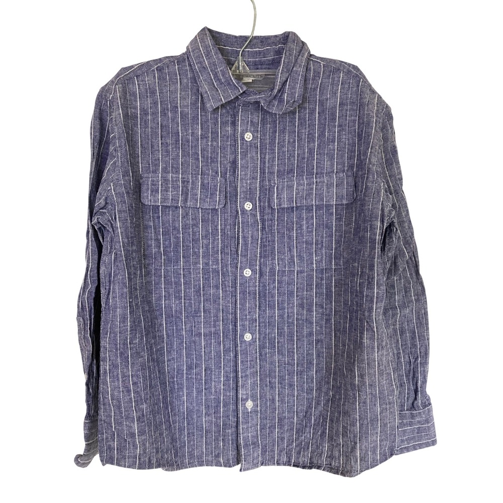 Crewcuts Boys Size 10 Blue White Pinstripe Linen Cotton Button Down Shirt Pocket